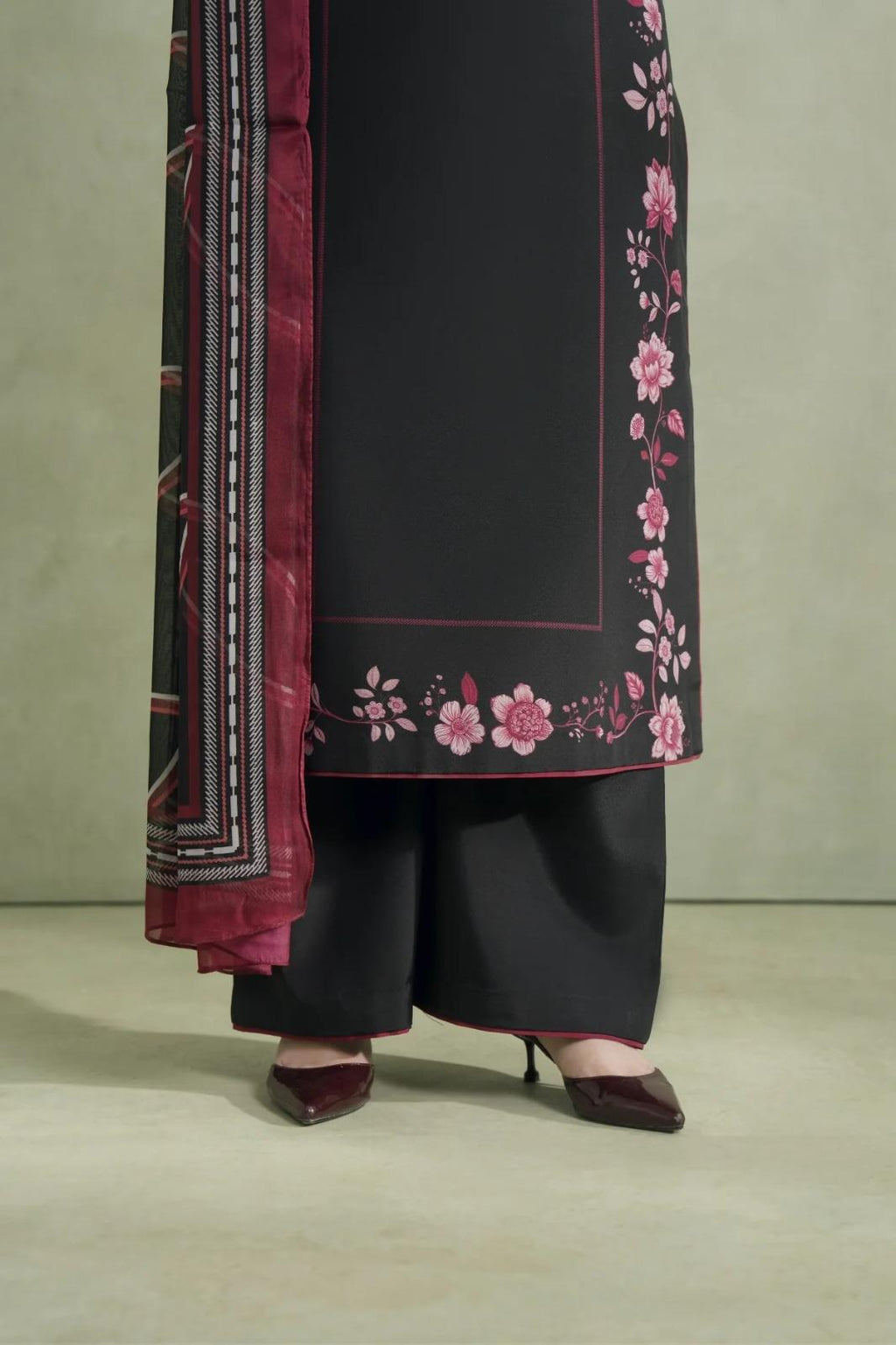 Black Pink Floral Embroidered Premium Soft Crepe 2PC Coord Set | Square Neck Kurta with Pants | SKU: J6128
