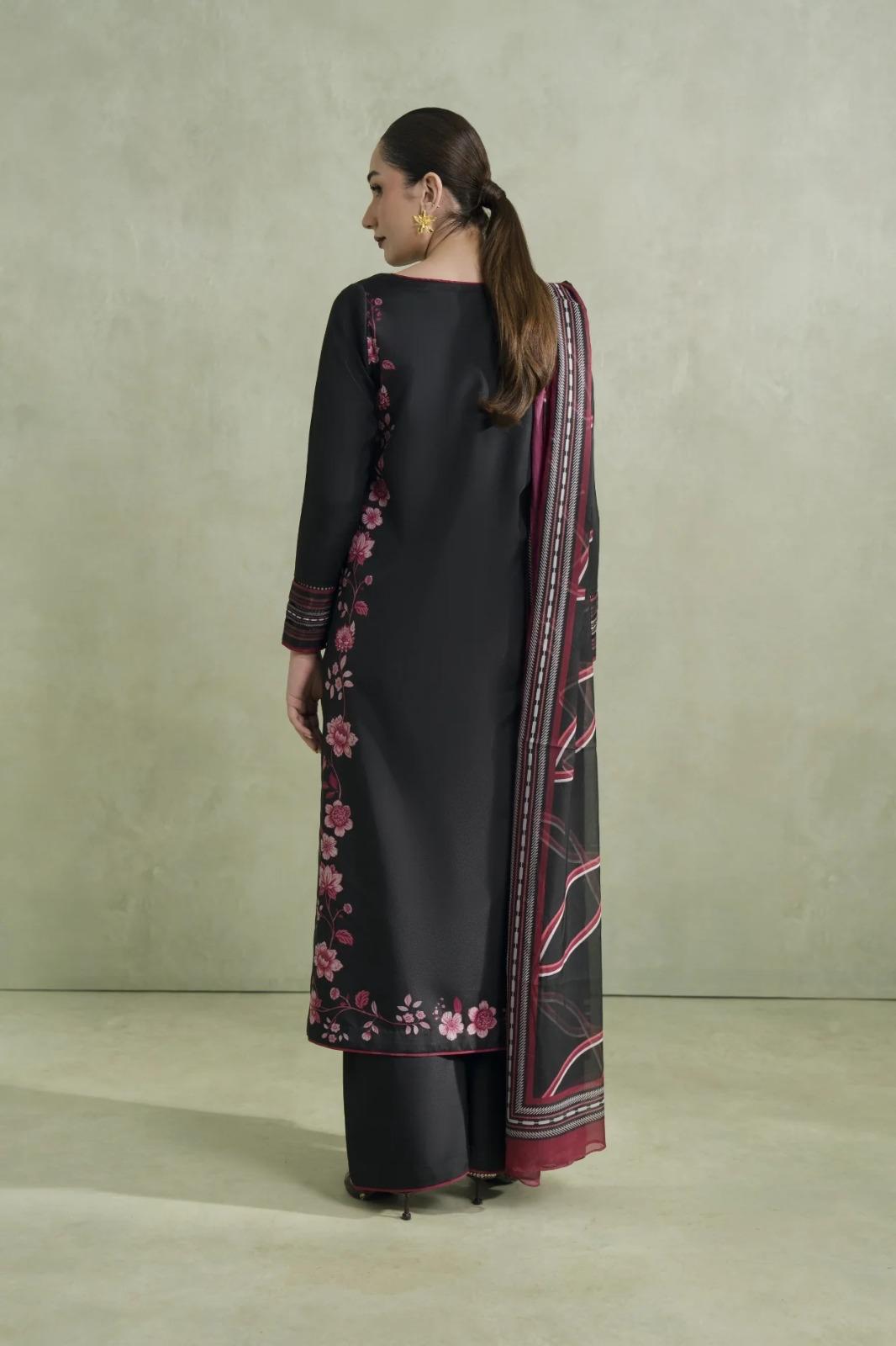 Black Pink Floral Embroidered Premium Soft Crepe 2PC Coord Set | Square Neck Kurta with Pants | SKU: J6128
