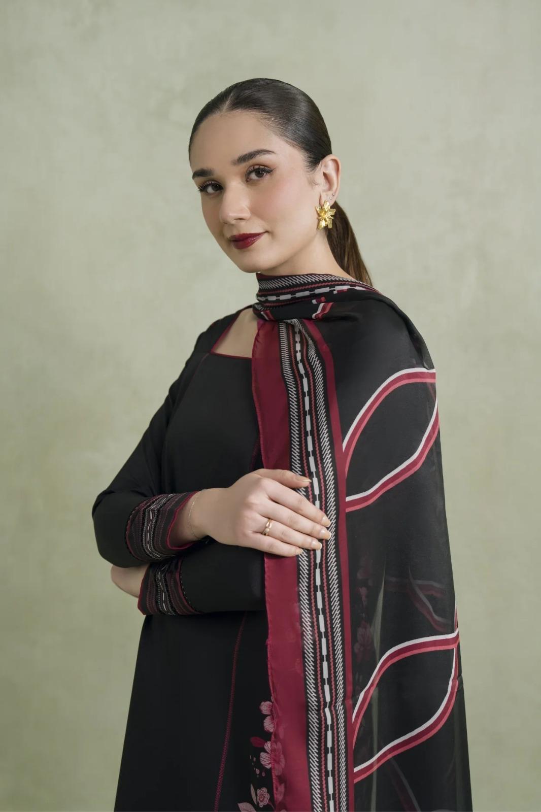 Black Pink Floral Embroidered Premium Soft Crepe 2PC Coord Set | Square Neck Kurta with Pants | SKU: J6128
