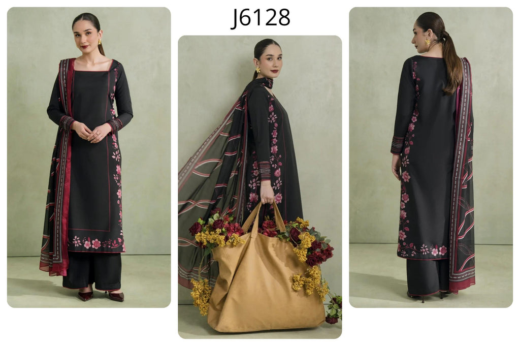 Black Pink Floral Embroidered Premium Soft Crepe 2PC Coord Set | Square Neck Kurta with Pants | SKU: J6128