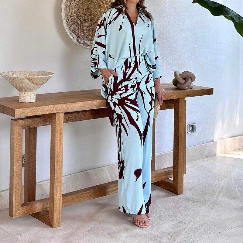 Sky Blue Abstract Maroon Leaf Printed Korean BSY 2PC Co-ord Set | Collared Shirt & Wide Leg Pants | SKU: J5937