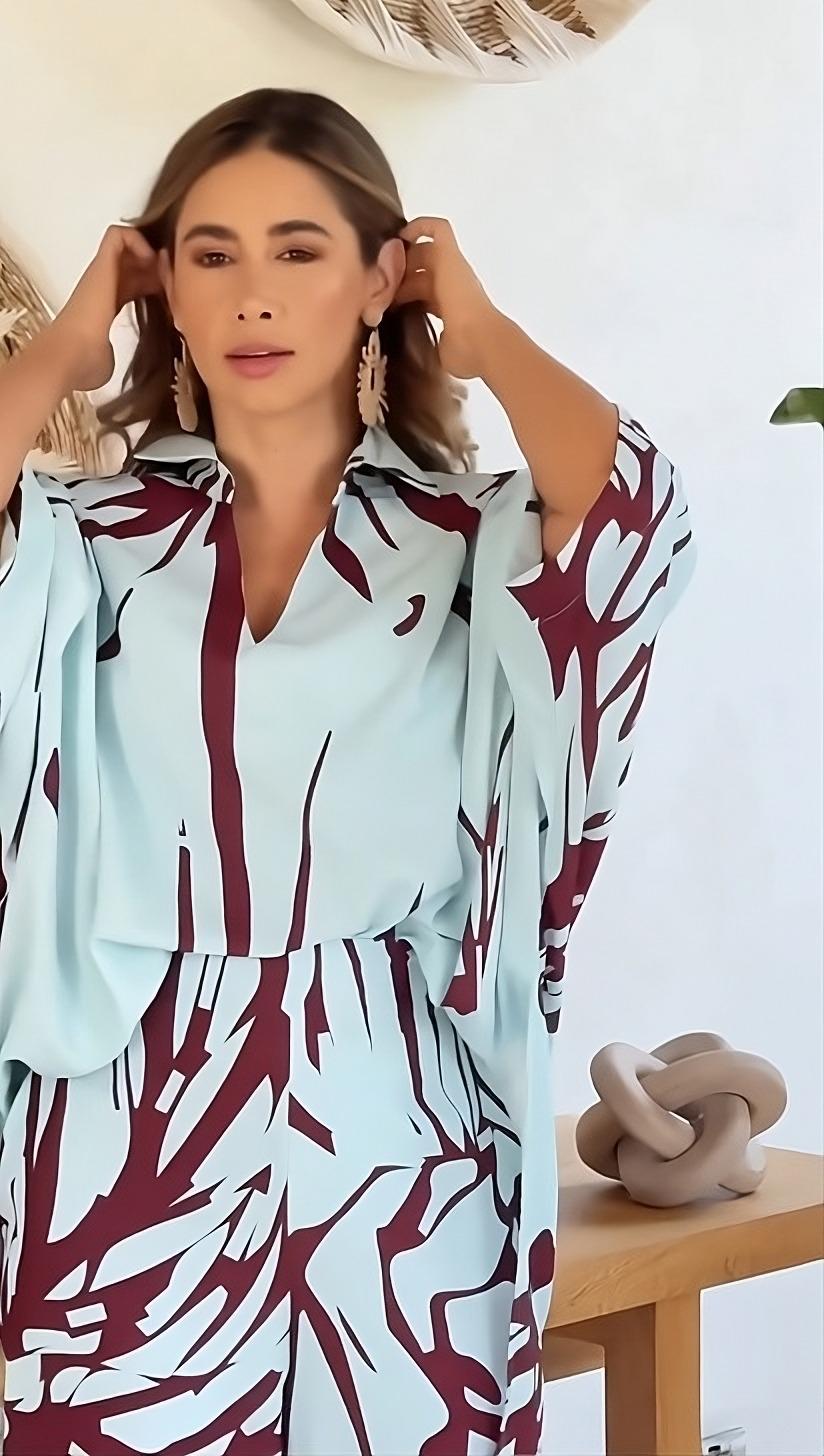 Sky Blue Abstract Maroon Leaf Printed Korean BSY 2PC Co-ord Set | Collared Shirt & Wide Leg Pants | SKU: J5937