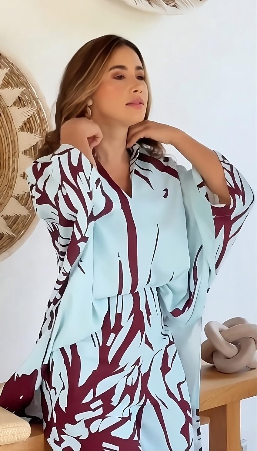 Sky Blue Abstract Maroon Leaf Printed Korean BSY 2PC Co-ord Set | Collared Shirt & Wide Leg Pants | SKU: J5937
