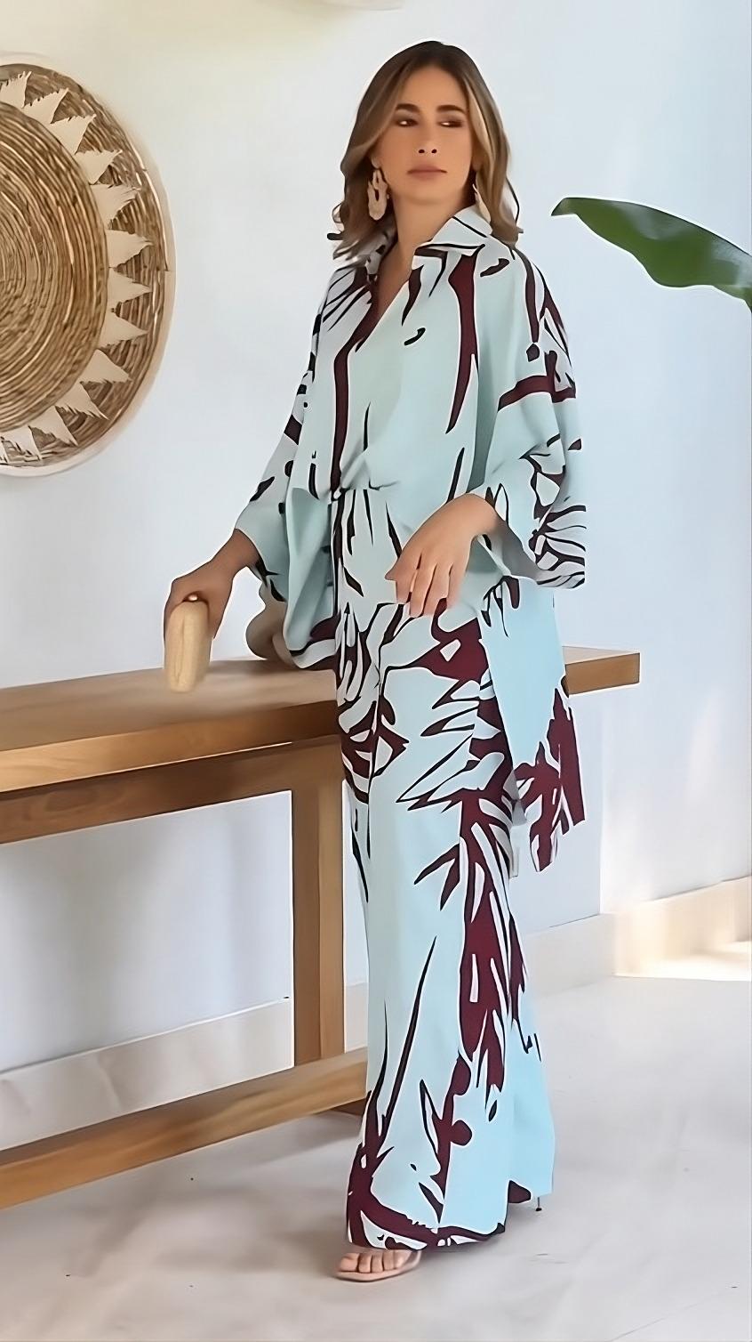 Sky Blue Abstract Maroon Leaf Printed Korean BSY 2PC Co-ord Set | Collared Shirt & Wide Leg Pants | SKU: J5937