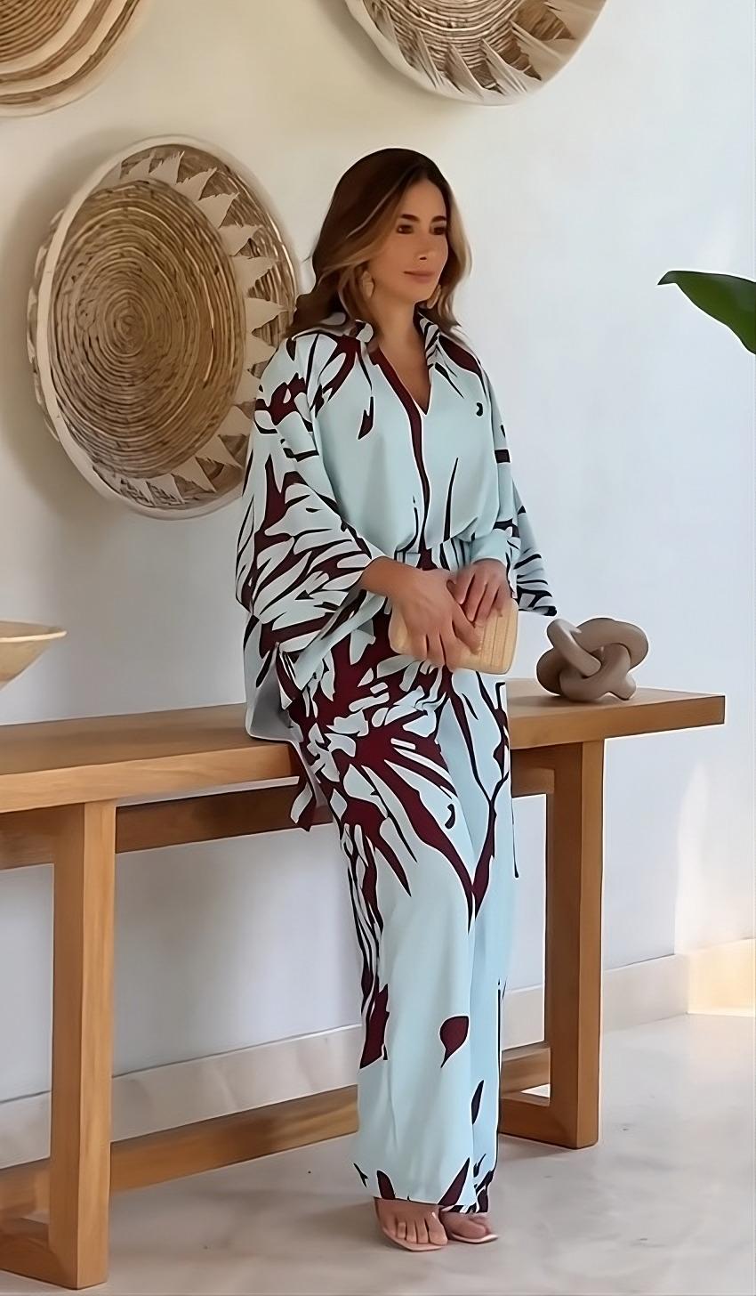 Sky Blue Abstract Maroon Leaf Printed Korean BSY 2PC Co-ord Set | Collared Shirt & Wide Leg Pants | SKU: J5937