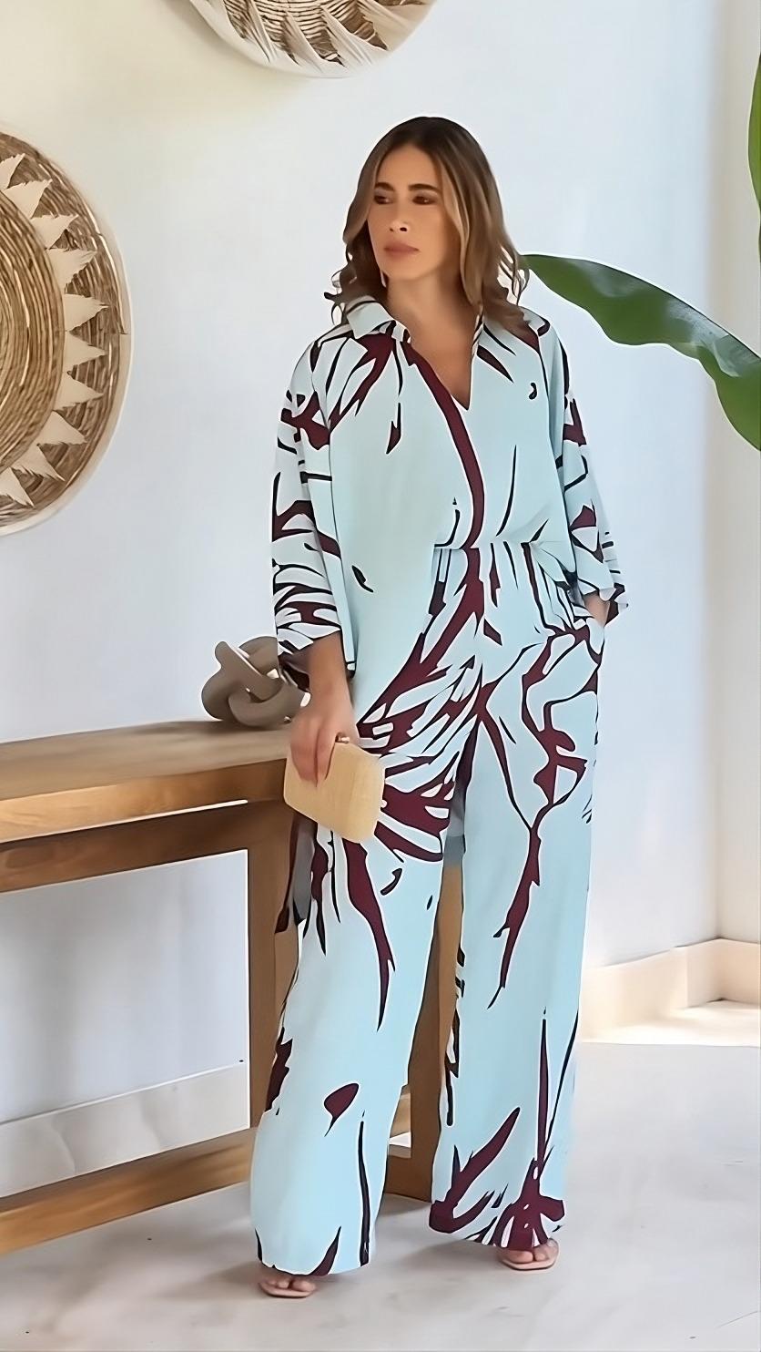 Sky Blue Abstract Maroon Leaf Printed Korean BSY 2PC Co-ord Set | Collared Shirt & Wide Leg Pants | SKU: J5937