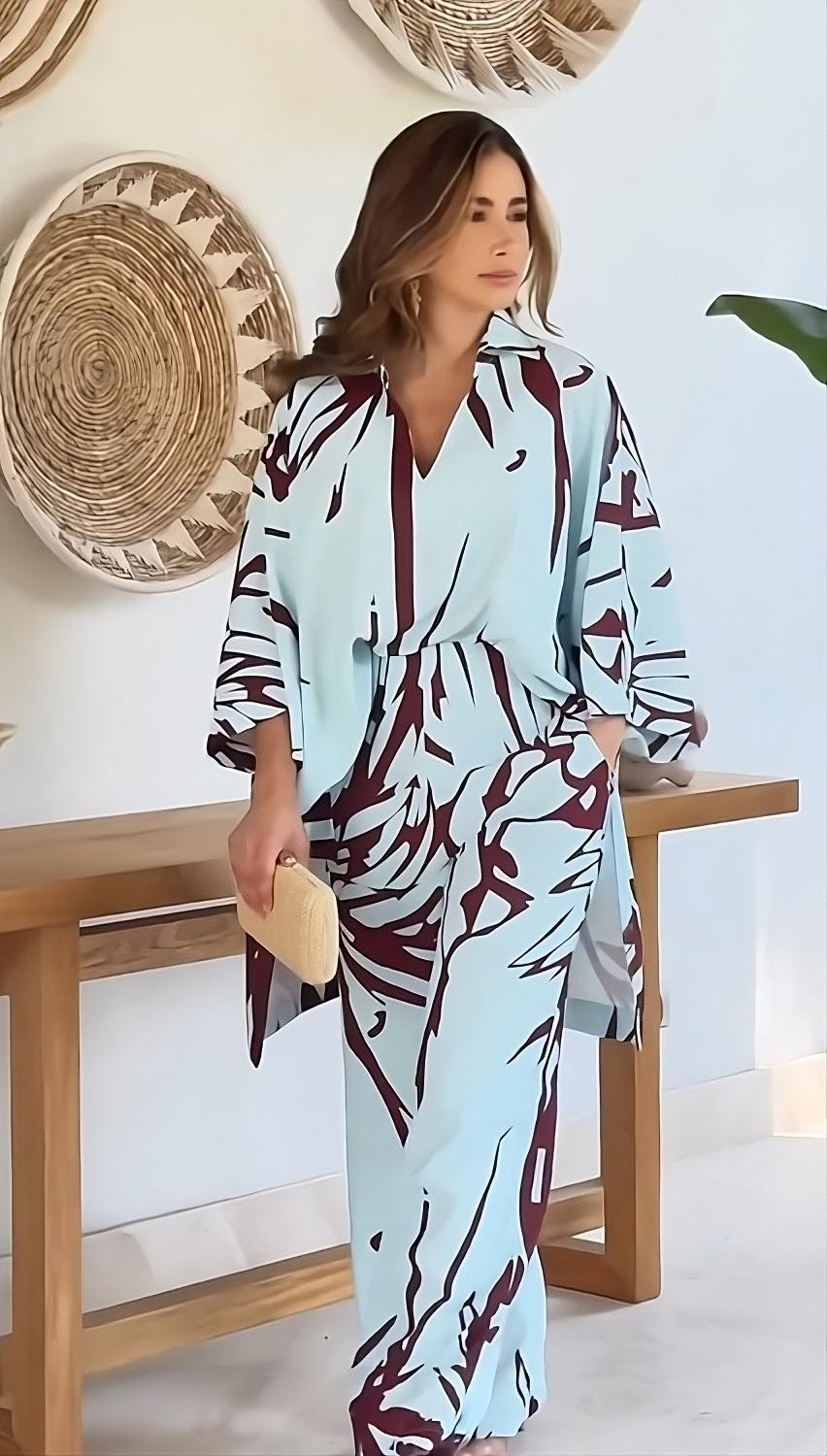 Sky Blue Abstract Maroon Leaf Printed Korean BSY 2PC Co-ord Set | Collared Shirt & Wide Leg Pants | SKU: J5937