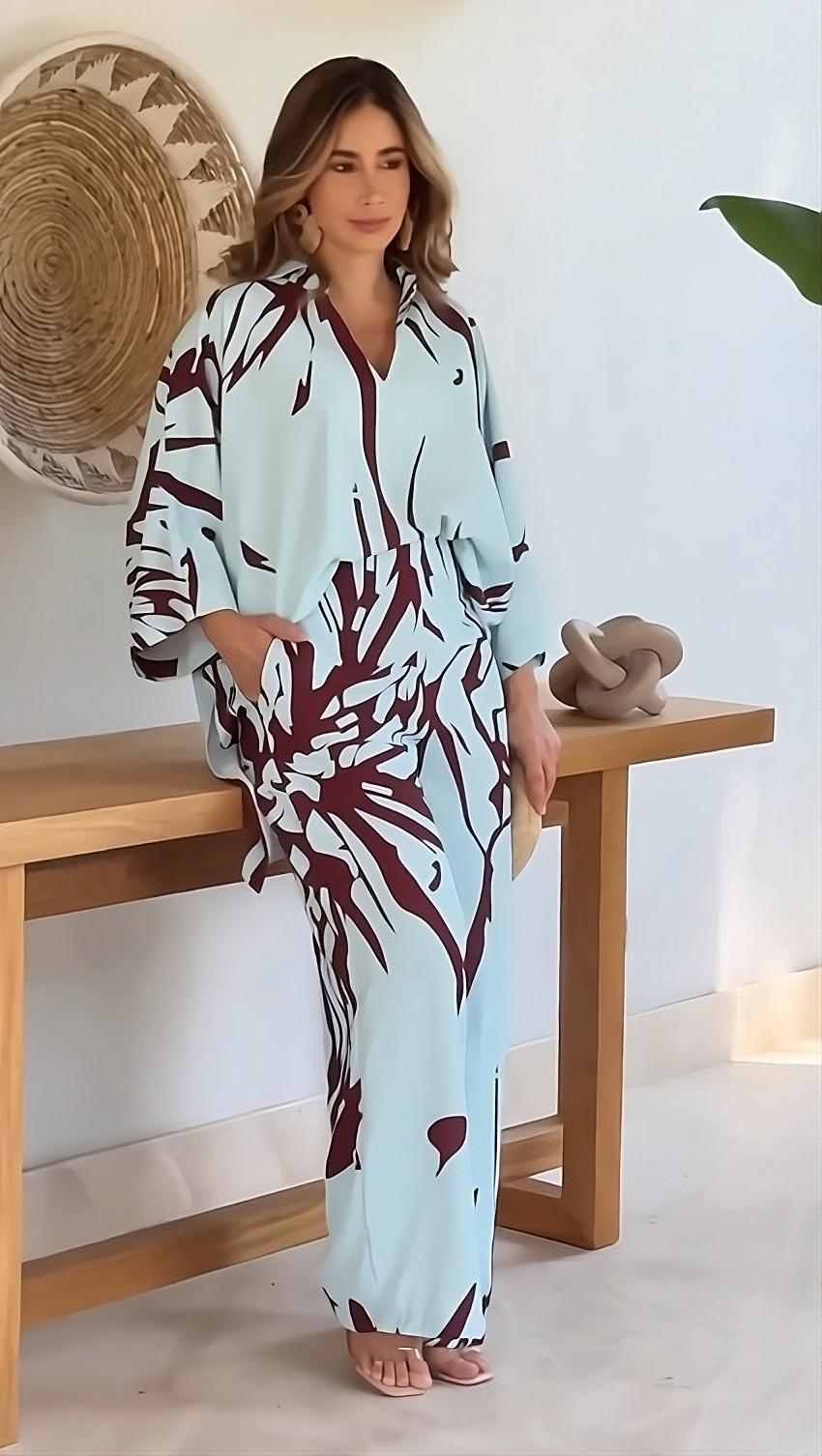Sky Blue Abstract Maroon Leaf Printed Korean BSY 2PC Co-ord Set | Collared Shirt & Wide Leg Pants | SKU: J5937