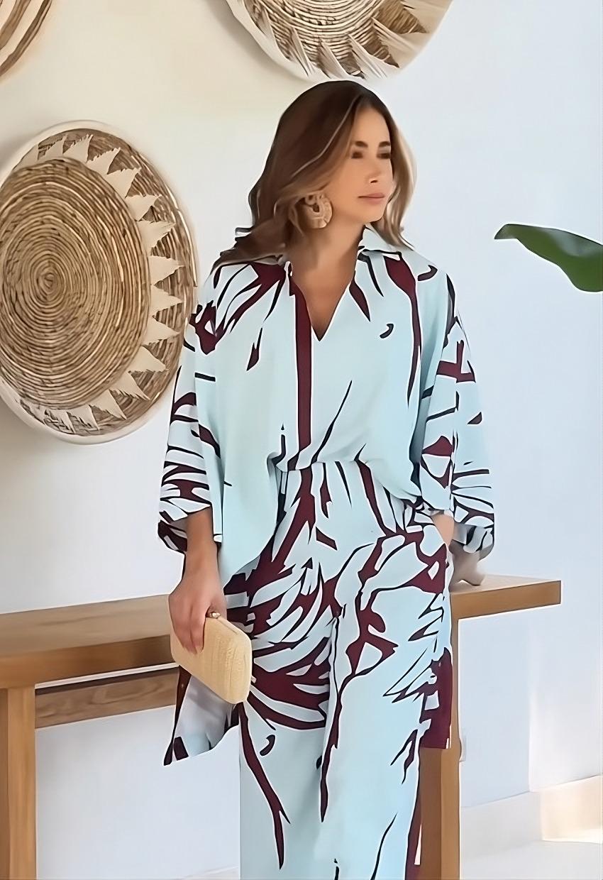 Sky Blue Abstract Maroon Leaf Printed Korean BSY 2PC Co-ord Set | Collared Shirt & Wide Leg Pants | SKU: J5937