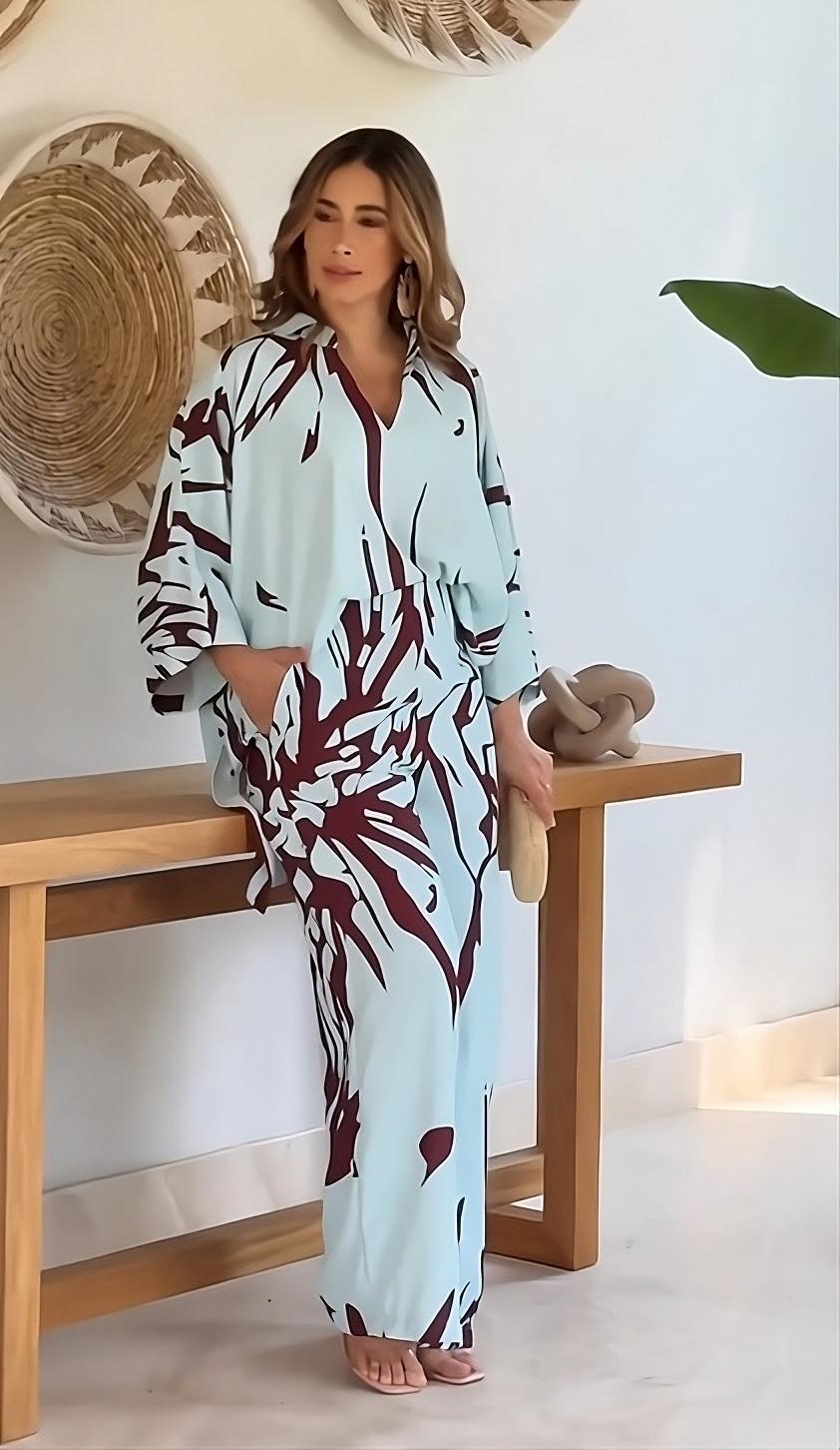 Sky Blue Abstract Maroon Leaf Printed Korean BSY 2PC Co-ord Set | Collared Shirt & Wide Leg Pants | SKU: J5937