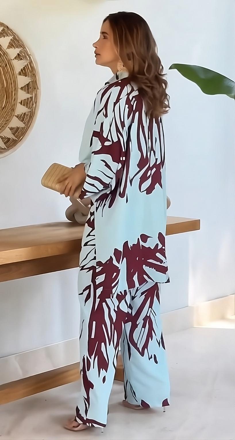 Sky Blue Abstract Maroon Leaf Printed Korean BSY 2PC Co-ord Set | Collared Shirt & Wide Leg Pants | SKU: J5937