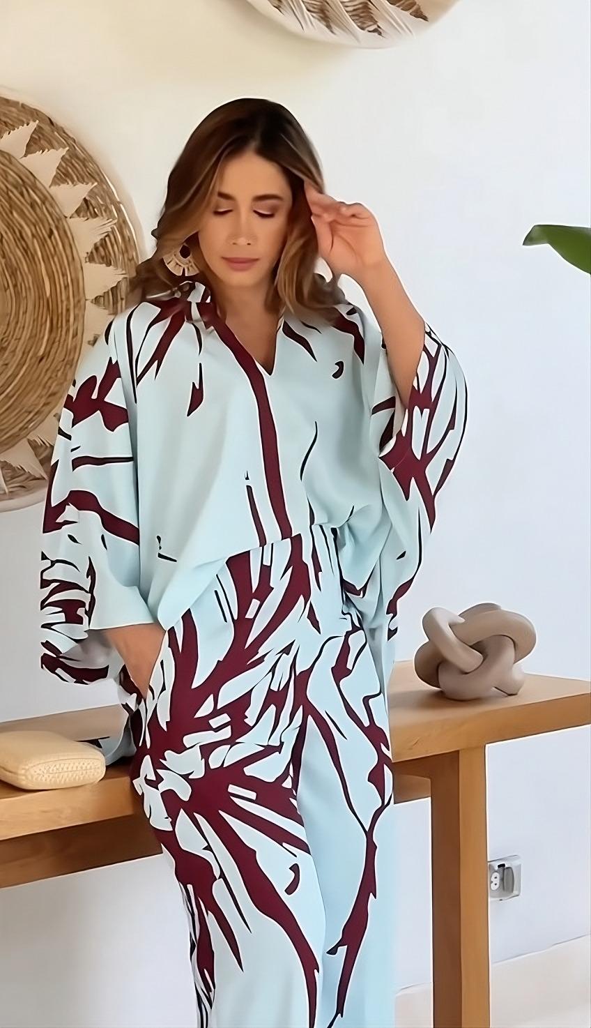 Sky Blue Abstract Maroon Leaf Printed Korean BSY 2PC Co-ord Set | Collared Shirt & Wide Leg Pants | SKU: J5937