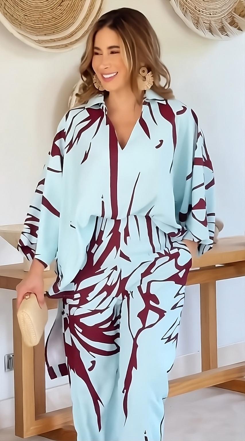 Sky Blue Abstract Maroon Leaf Printed Korean BSY 2PC Co-ord Set | Collared Shirt & Wide Leg Pants | SKU: J5937