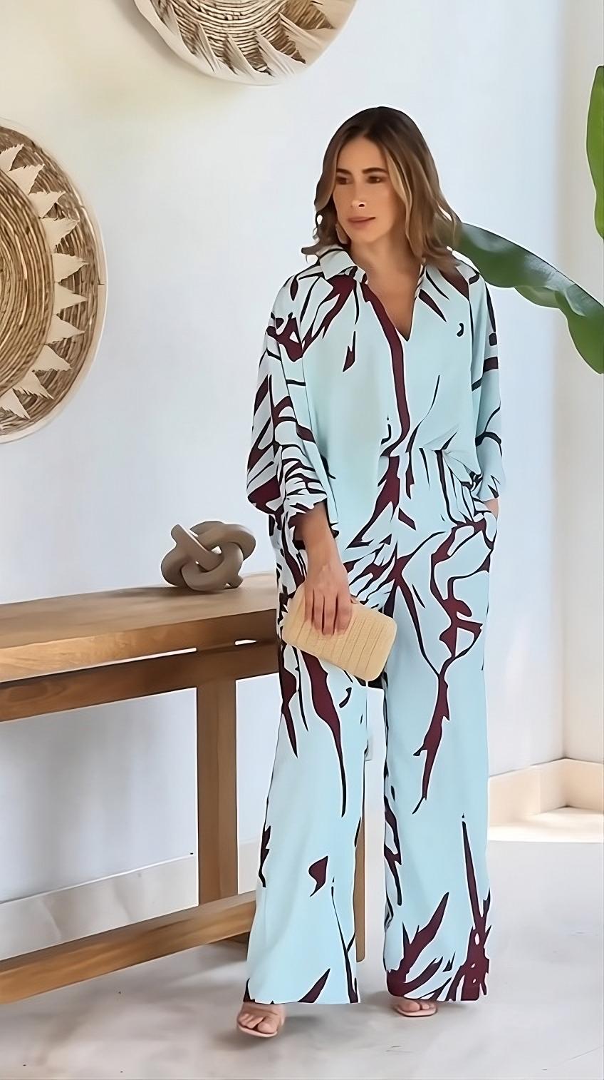 Sky Blue Abstract Maroon Leaf Printed Korean BSY 2PC Co-ord Set | Collared Shirt & Wide Leg Pants | SKU: J5937