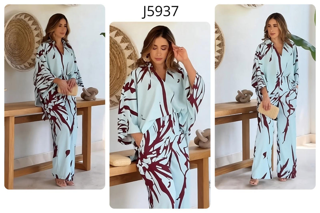 Sky Blue Abstract Maroon Leaf Printed Korean BSY 2PC Co-ord Set | Collared Shirt & Wide Leg Pants | SKU: J5937