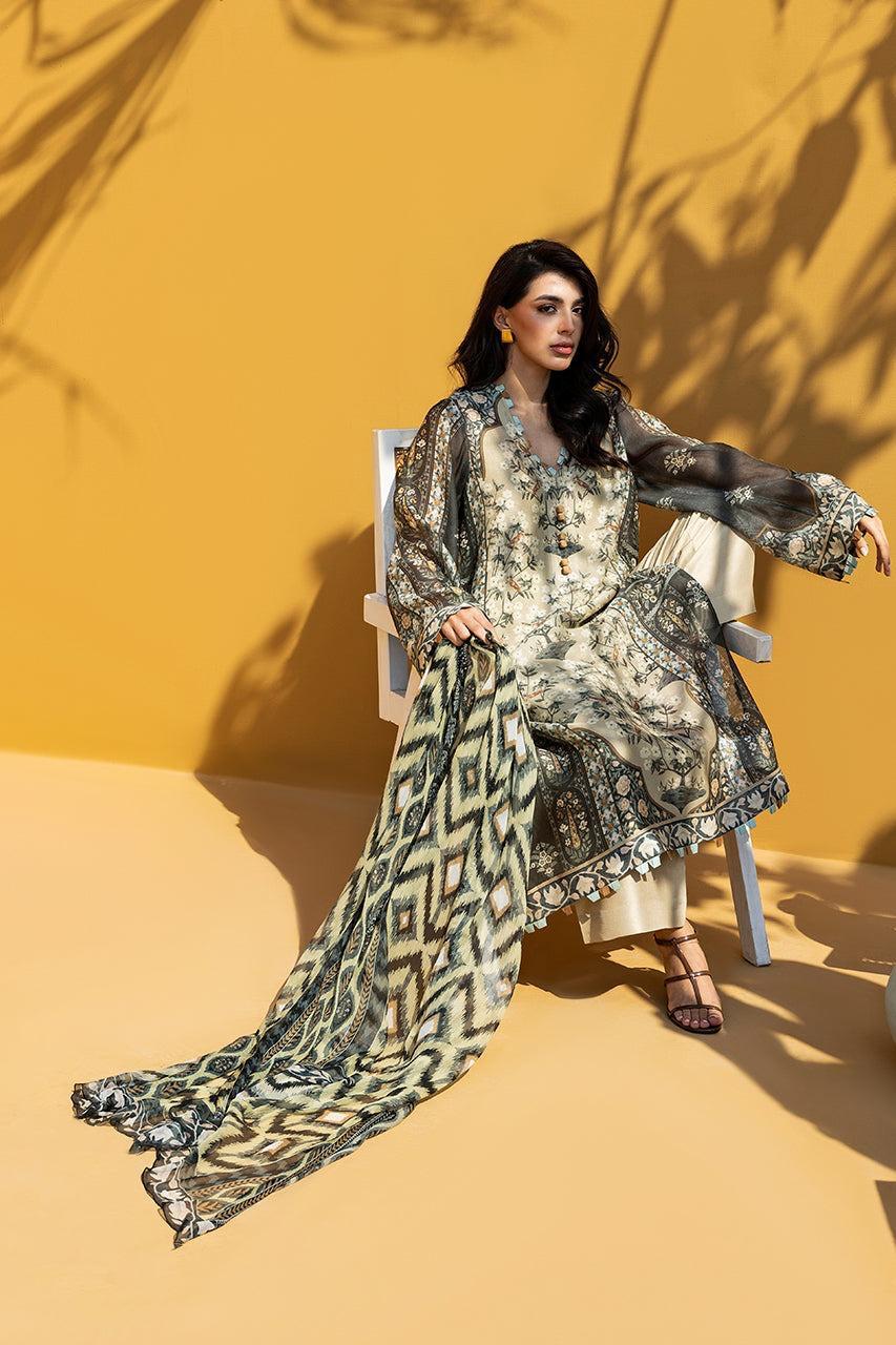 Beige Black Floral Printed Georgette Chiffon 3PC Coord Set with Scarf | Wide Sleeves & Handmade Designer Flat Loops | SKU: J6143