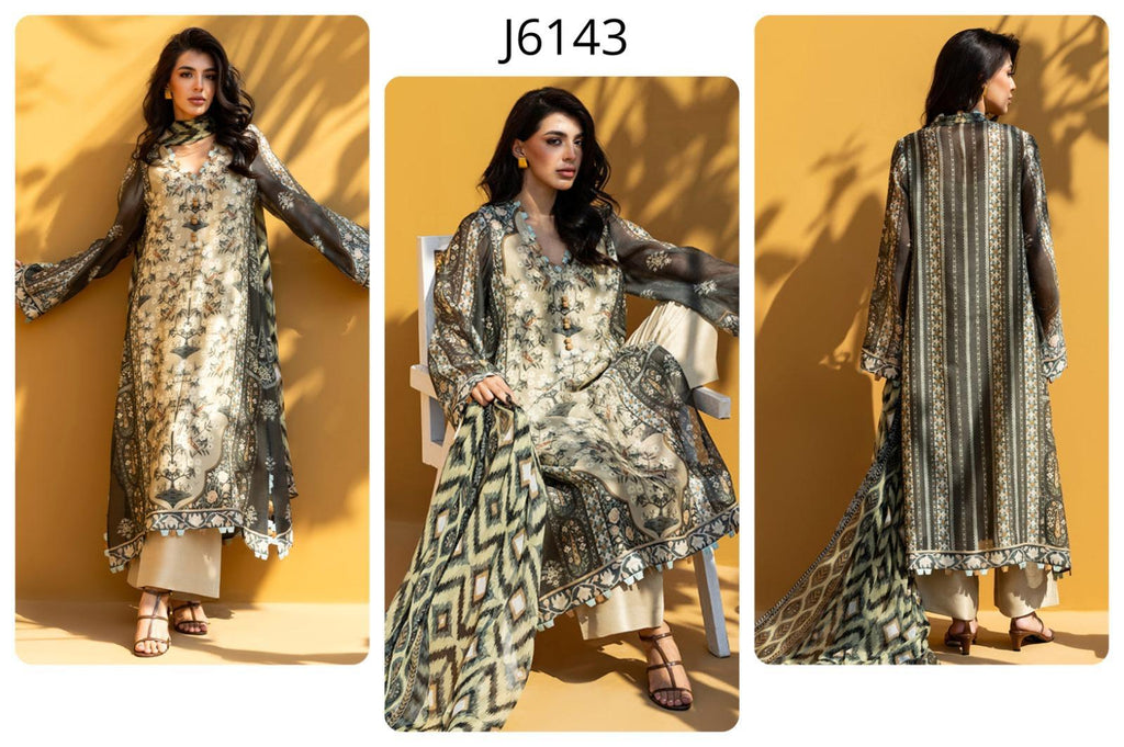 Beige Black Floral Printed Georgette Chiffon 3PC Coord Set with Scarf | Wide Sleeves & Handmade Designer Flat Loops | SKU: J6143