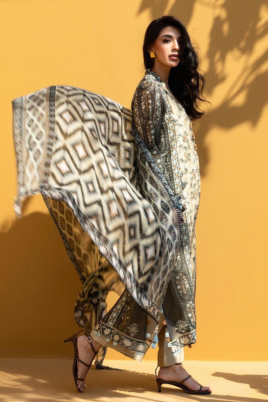 Beige Black Floral Printed Georgette Chiffon 3PC Coord Set with Scarf | Wide Sleeves & Handmade Designer Flat Loops | SKU: J6143