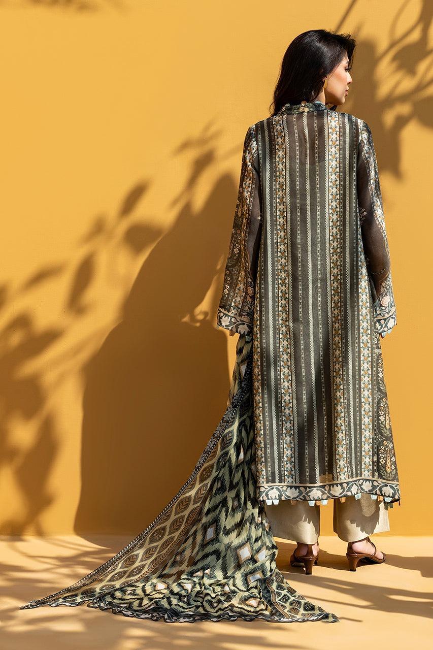Beige Black Floral Printed Georgette Chiffon 3PC Coord Set with Scarf | Wide Sleeves & Handmade Designer Flat Loops | SKU: J6143