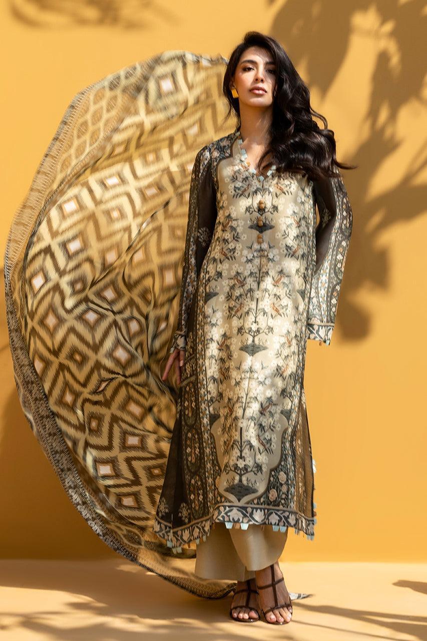 Beige Black Floral Printed Georgette Chiffon 3PC Coord Set with Scarf | Wide Sleeves & Handmade Designer Flat Loops | SKU: J6143