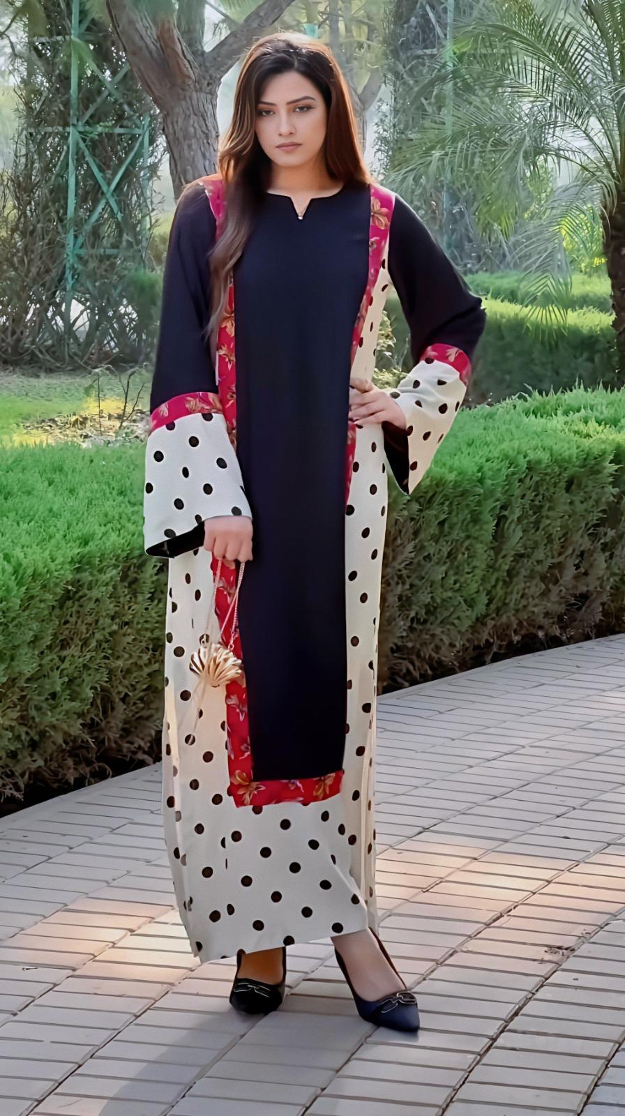 Black & Cream Polka Dot Floral Border Premium Soft Crepe Open Jacket Layered Coord Set | Black Inner Kurta | SKU: J6132