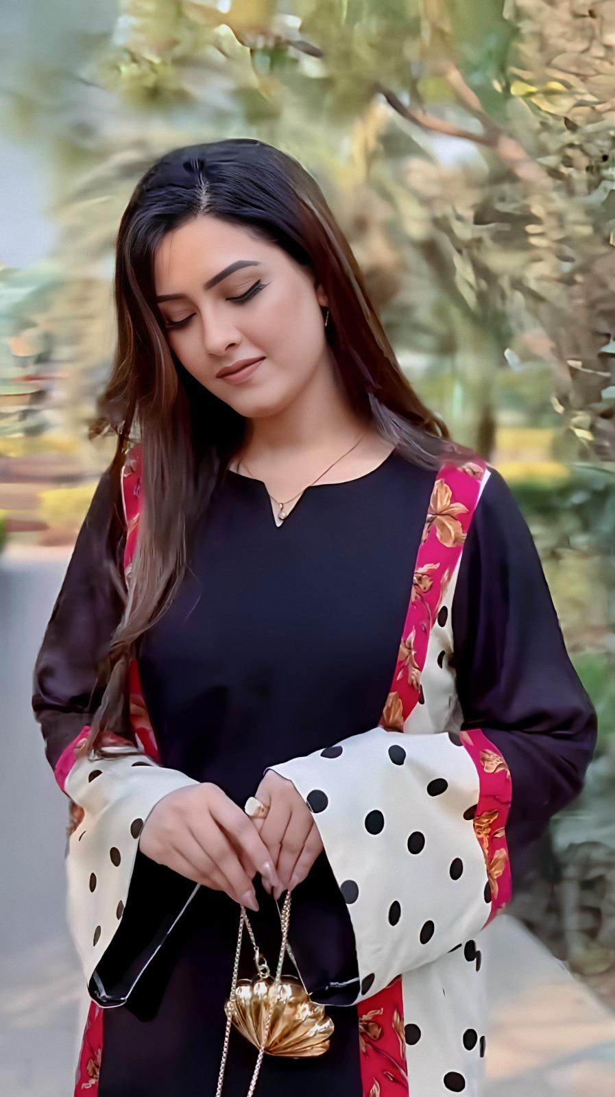 Black & Cream Polka Dot Floral Border Premium Soft Crepe Open Jacket Layered Coord Set | Black Inner Kurta | SKU: J6132