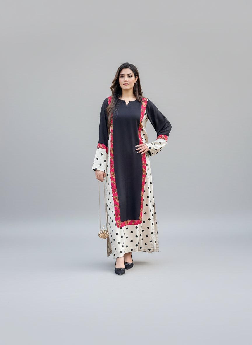 Black & Cream Polka Dot Floral Border Premium Soft Crepe Open Jacket Layered Coord Set | Black Inner Kurta | SKU: J6132