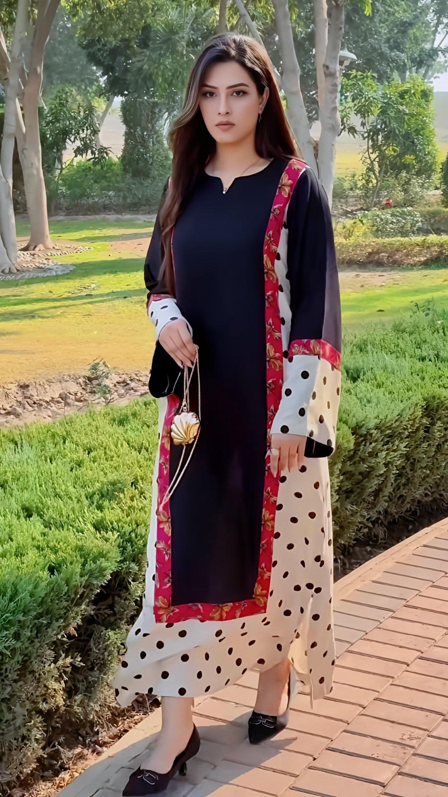 Black & Cream Polka Dot Floral Border Premium Soft Crepe Open Jacket Layered Coord Set | Black Inner Kurta | SKU: J6132