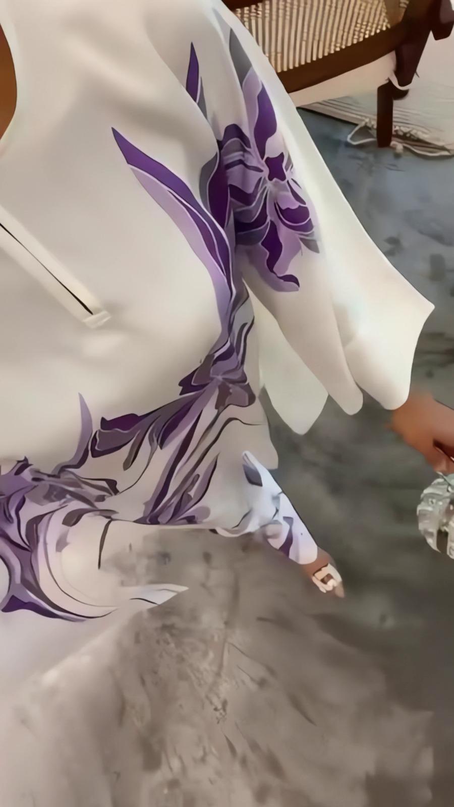 White Purple Floral Printed Satin Silk 2PC Co-ord Set | Flowy Wide Sleeves & Palazzo Pants | SKU: J6060