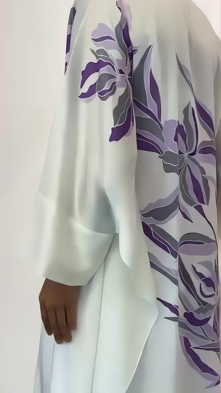 White Purple Floral Printed Satin Silk 2PC Co-ord Set | Flowy Wide Sleeves & Palazzo Pants | SKU: J6060