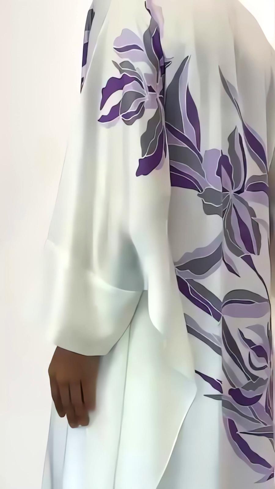 White Purple Floral Printed Satin Silk 2PC Co-ord Set | Flowy Wide Sleeves & Palazzo Pants | SKU: J6060