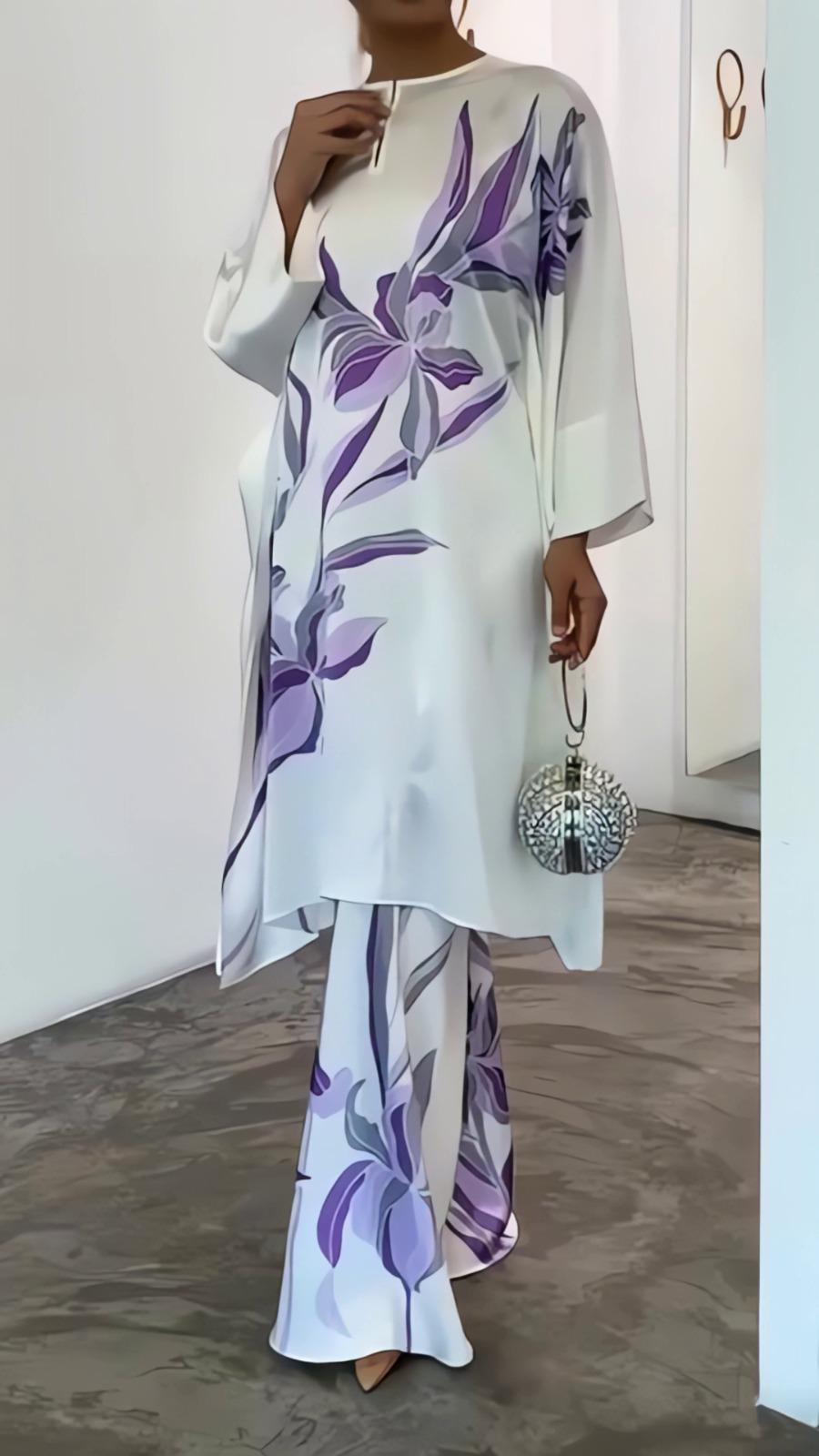 White Purple Floral Printed Satin Silk 2PC Co-ord Set | Flowy Wide Sleeves & Palazzo Pants | SKU: J6060