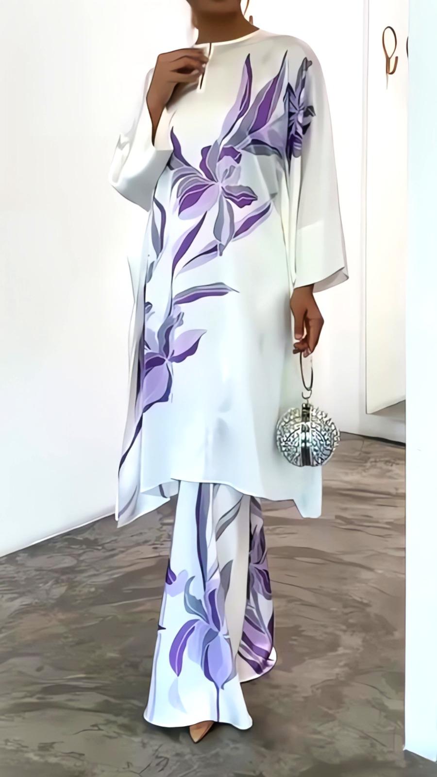 White Purple Floral Printed Satin Silk 2PC Co-ord Set | Flowy Wide Sleeves & Palazzo Pants | SKU: J6060