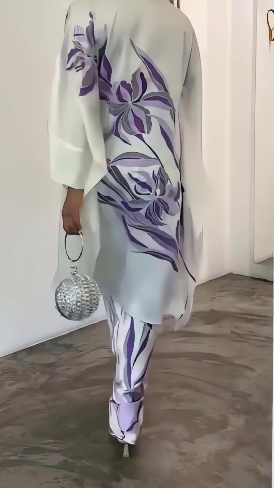 White Purple Floral Printed Satin Silk 2PC Co-ord Set | Flowy Wide Sleeves & Palazzo Pants | SKU: J6060