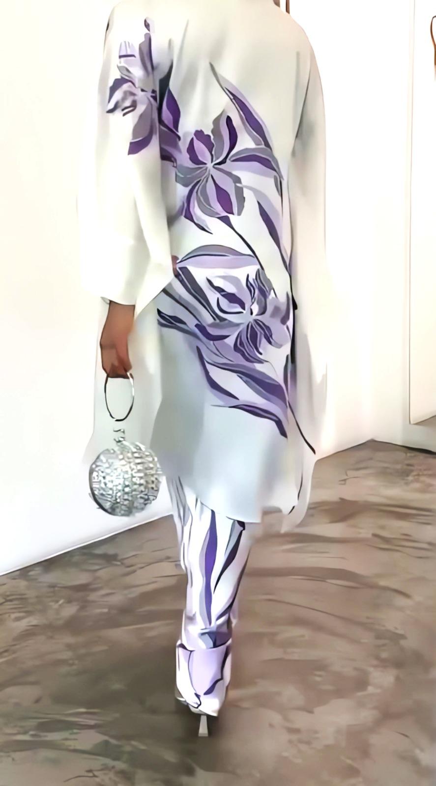 White Purple Floral Printed Satin Silk 2PC Co-ord Set | Flowy Wide Sleeves & Palazzo Pants | SKU: J6060