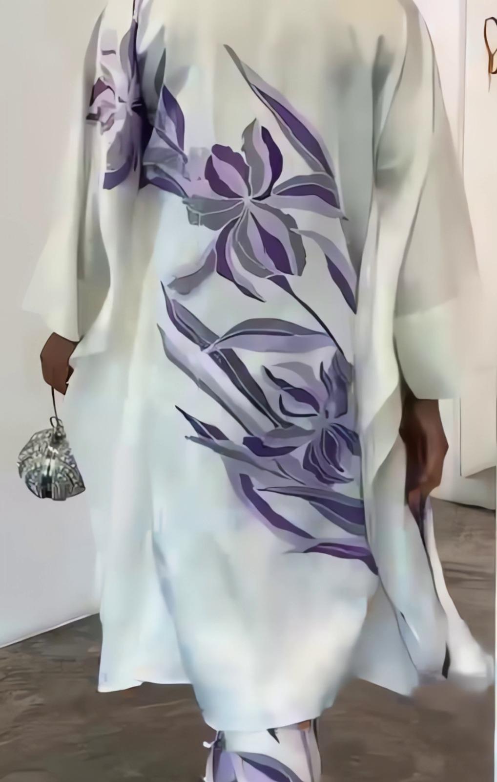 White Purple Floral Printed Satin Silk 2PC Co-ord Set | Flowy Wide Sleeves & Palazzo Pants | SKU: J6060