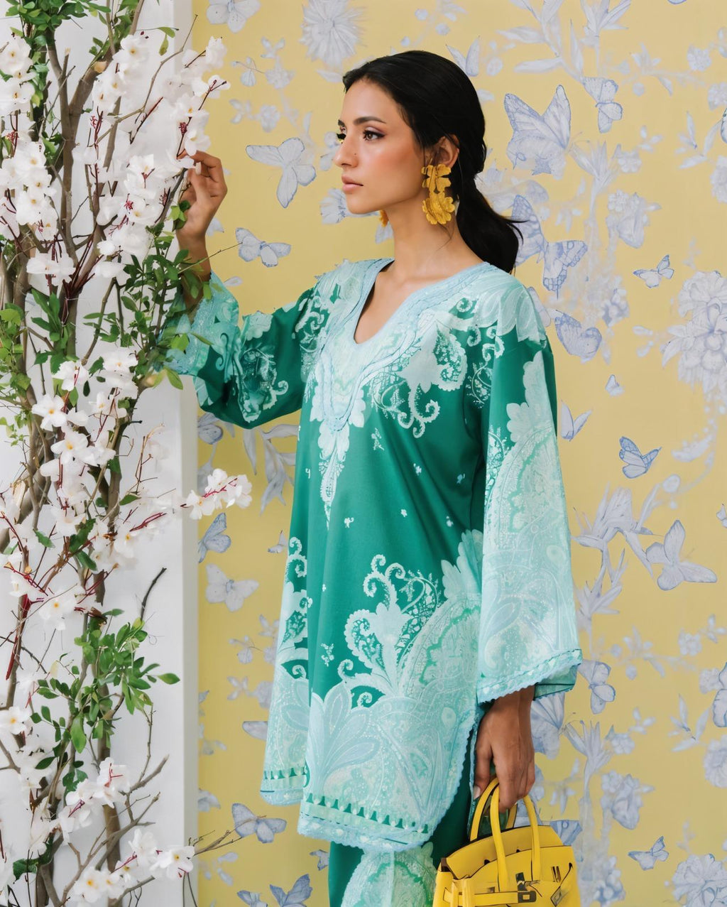 Emerald Green & Mint Paisley Printed Premium Cotton Blend Lace Work 2PC Coord Set | Wide Sleeves | SKU: J6118