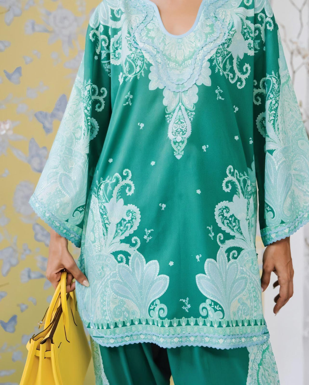 Emerald Green & Mint Paisley Printed Premium Cotton Blend Lace Work 2PC Coord Set | Wide Sleeves | SKU: J6118
