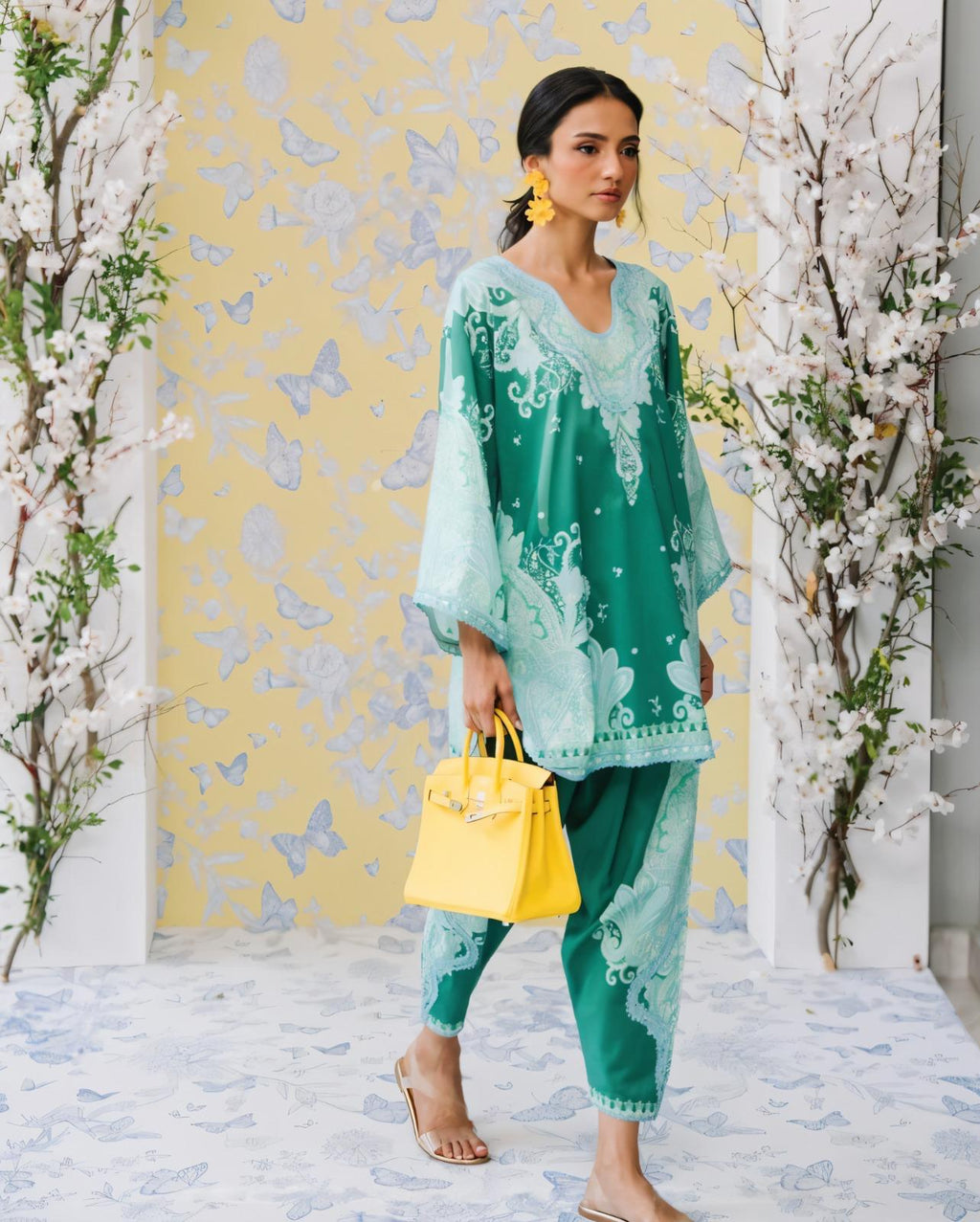 Emerald Green & Mint Paisley Printed Premium Cotton Blend Lace Work 2PC Coord Set | Wide Sleeves | SKU: J6118