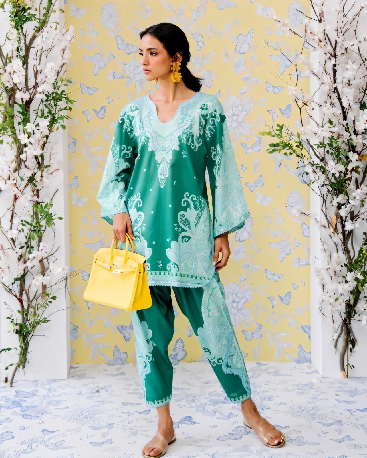 Emerald Green & Mint Paisley Printed Premium Cotton Blend Lace Work 2PC Coord Set | Wide Sleeves | SKU: J6118
