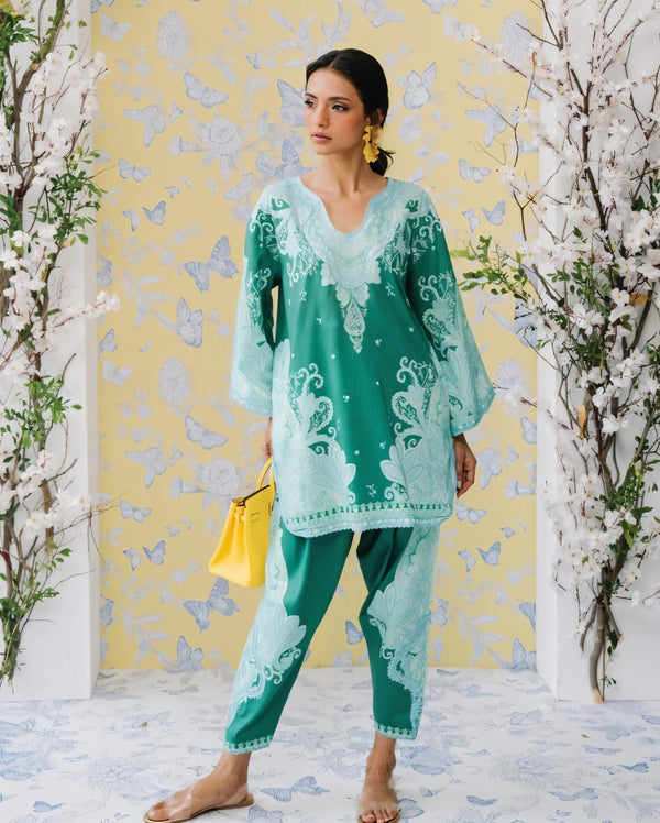 Emerald Green & Mint Paisley Printed Premium Cotton Blend Lace Work 2PC Coord Set | Wide Sleeves | SKU: J6118