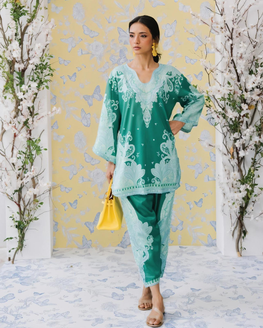 Emerald Green & Mint Paisley Printed Premium Cotton Blend Lace Work 2PC Coord Set | Wide Sleeves | SKU: J6118