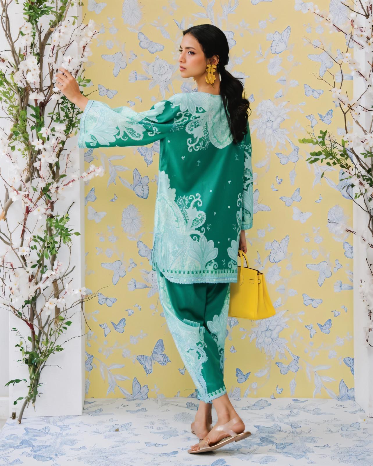 Emerald Green & Mint Paisley Printed Premium Cotton Blend Lace Work 2PC Coord Set | Wide Sleeves | SKU: J6118
