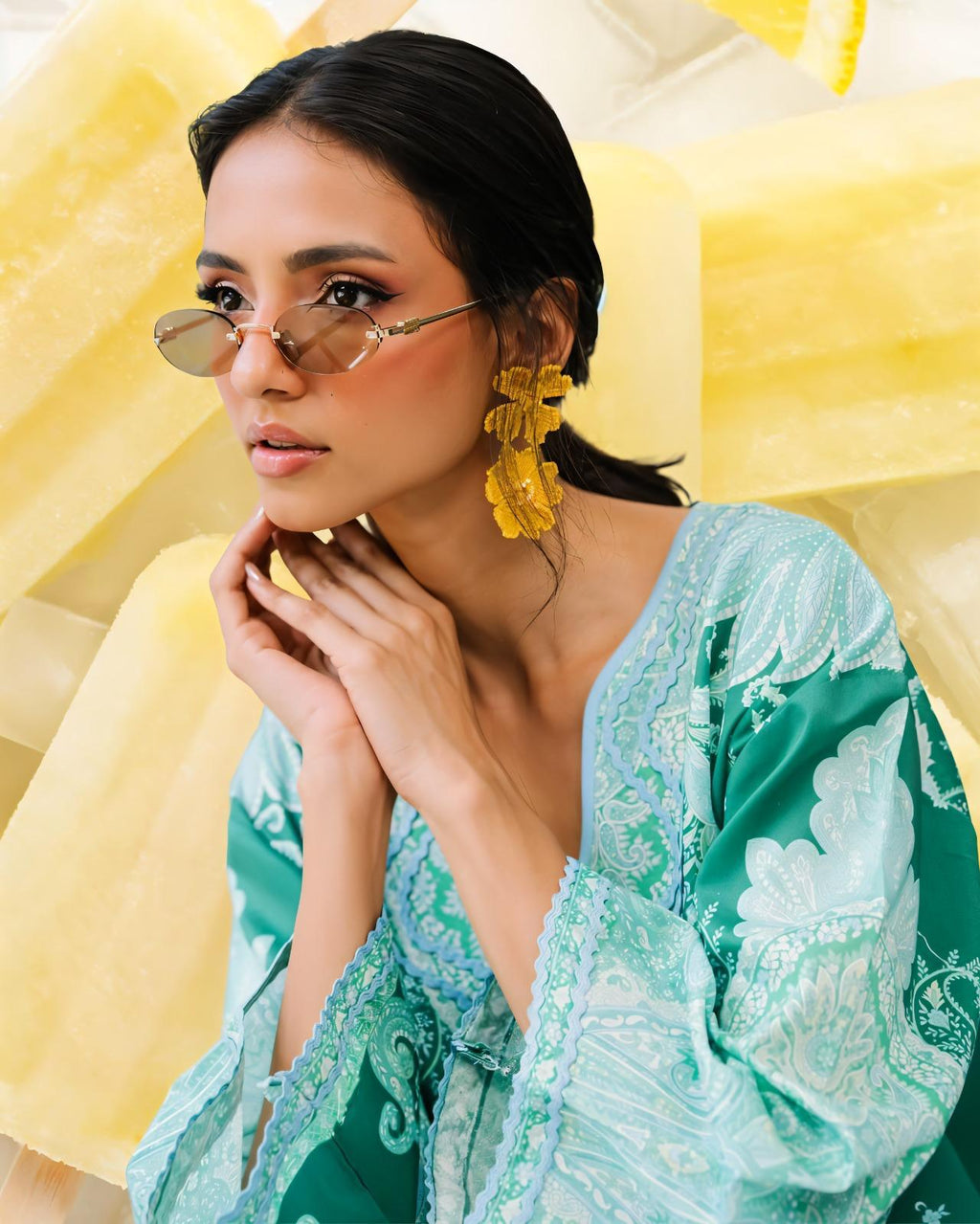 Emerald Green & Mint Paisley Printed Premium Cotton Blend Lace Work 2PC Coord Set | Wide Sleeves | SKU: J6118