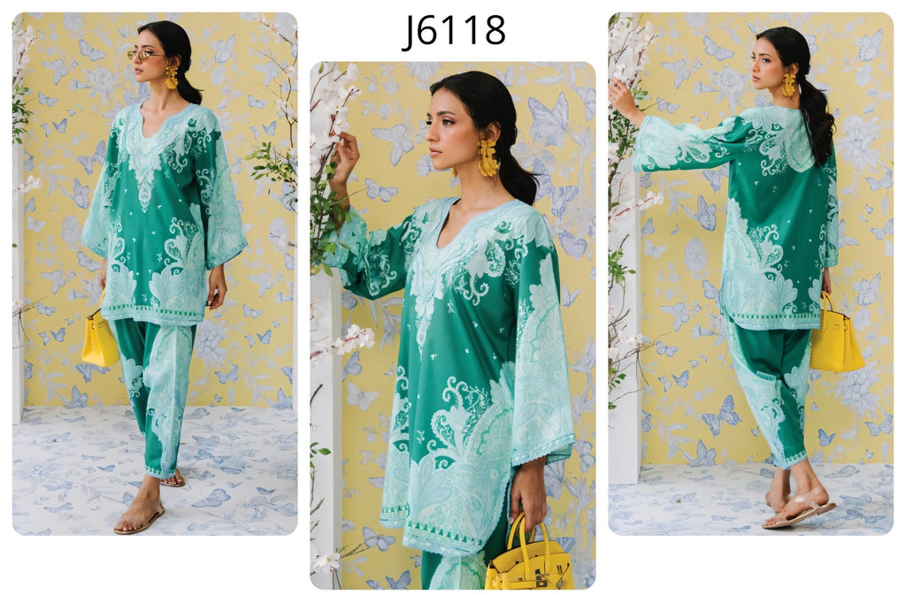 Emerald Green & Mint Paisley Printed Premium Cotton Blend Lace Work 2PC Coord Set | Wide Sleeves | SKU: J6118