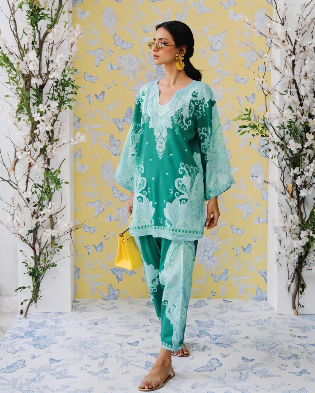 Emerald Green & Mint Paisley Printed Premium Cotton Blend Lace Work 2PC Coord Set | Wide Sleeves | SKU: J6118
