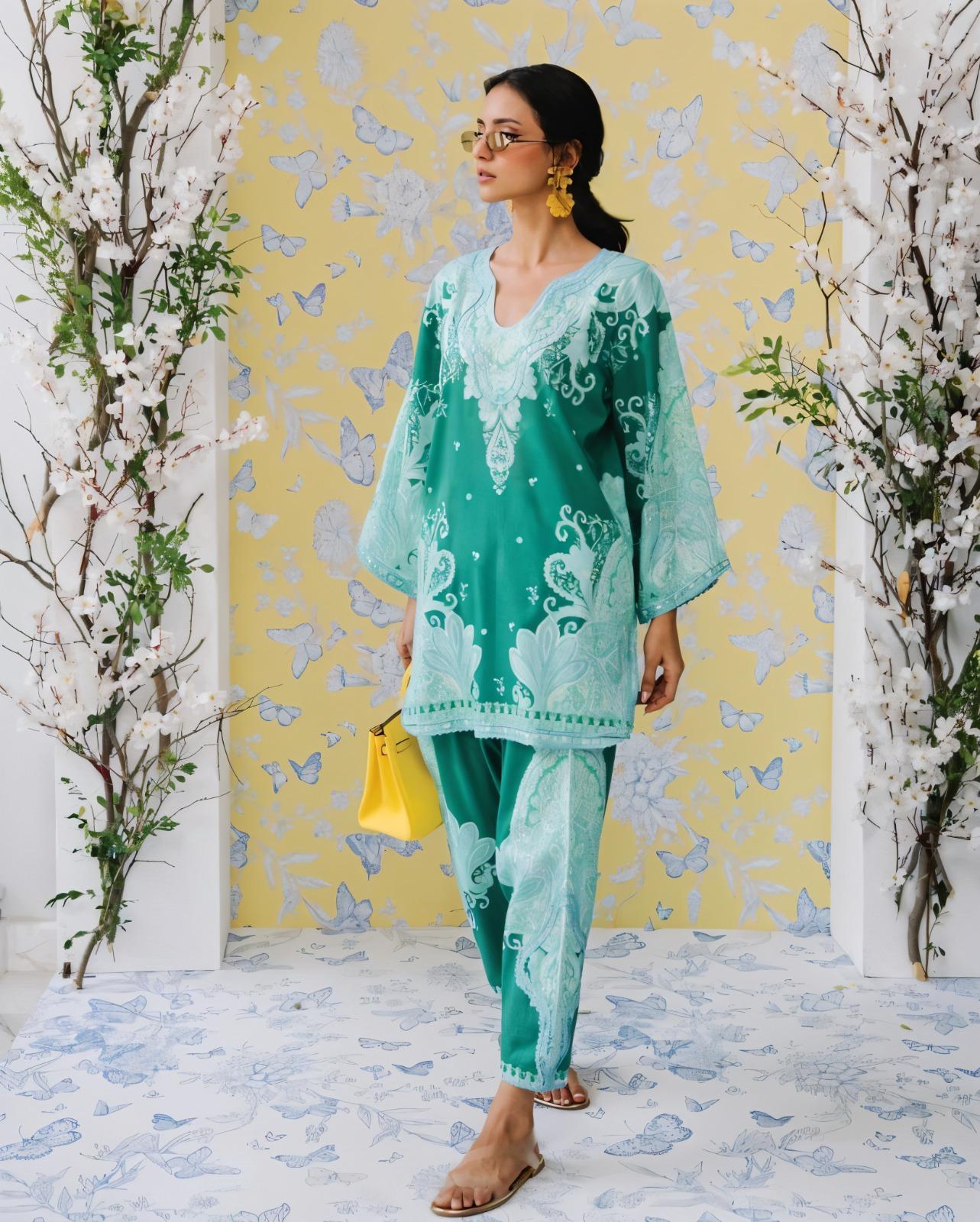 Emerald Green & Mint Paisley Printed Premium Cotton Blend Lace Work 2PC Coord Set | Wide Sleeves | SKU: J6118