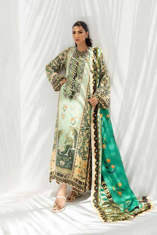 Light Green Palm Tree & Floral Printed Georgette Chiffon 3PC Coord Set with Scarf | Hand-Made Potli Work, Fabric Tassels & String | SKU: J6138