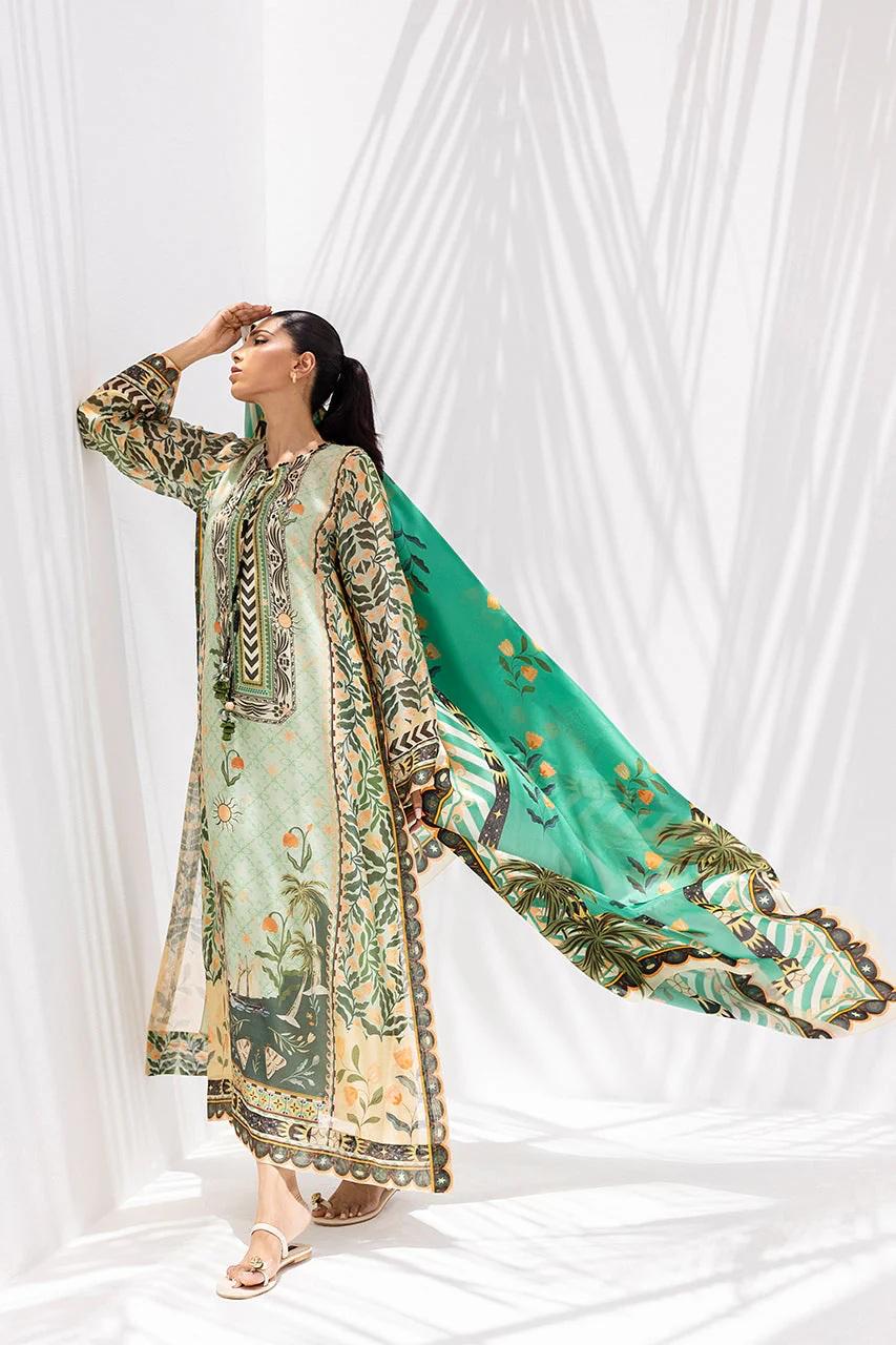 Light Green Palm Tree & Floral Printed Georgette Chiffon 3PC Coord Set with Scarf | Hand-Made Potli Work, Fabric Tassels & String | SKU: J6138