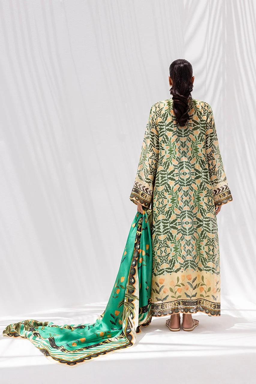 Light Green Palm Tree & Floral Printed Georgette Chiffon 3PC Coord Set with Scarf | Hand-Made Potli Work, Fabric Tassels & String | SKU: J6138